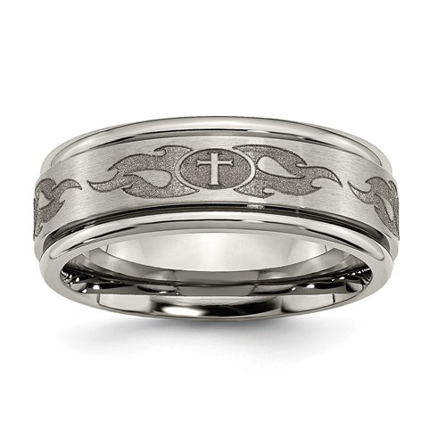 Chisel Titanium Brushed and Polished Cross Laser Design 8mm Ridged Edge Band