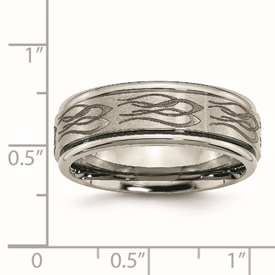 Chisel Titanium Brushed and Polished Flame Laser Design 8mm Ridged Edge Band