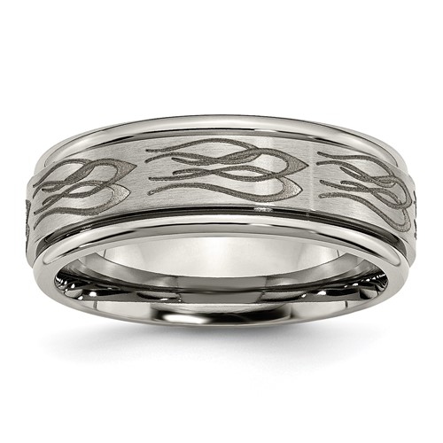 Chisel Titanium Brushed and Polished Flame Laser Design 8mm Ridged Edge Band