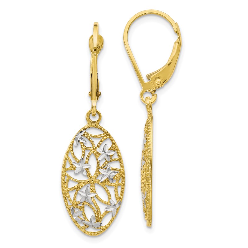 10K w/Rhodium D/C Leverback Dangle Earrings
