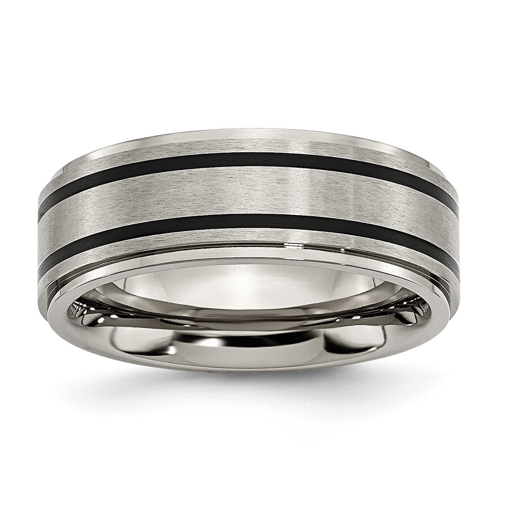 Titanium Ridged Edge Black Rubber 8mm Brushed Polished Band