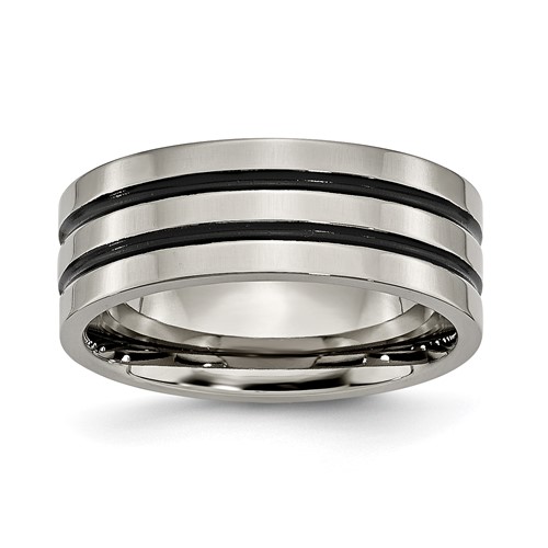 Chisel Titanium Polished Black Enamel Grooved 8mm Flat Band