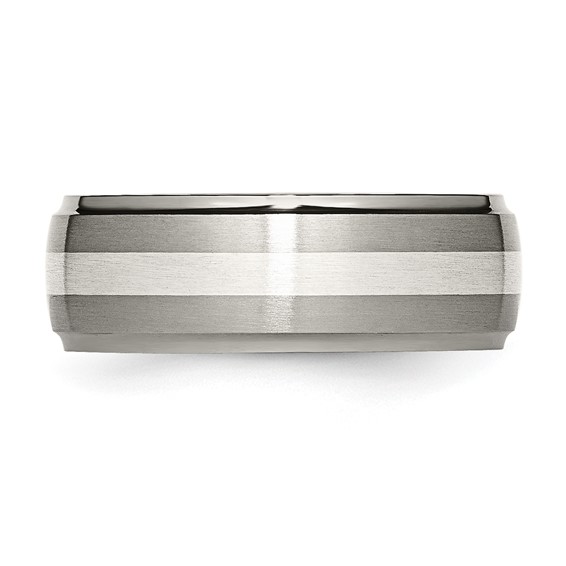 Chisel Titanium Brushed and Polished with Sterling Silver Inlay 8mm Ridged Edge Band