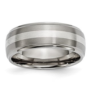 Chisel Titanium Brushed and Polished with Sterling Silver Inlay 8mm Ridged Edge Band