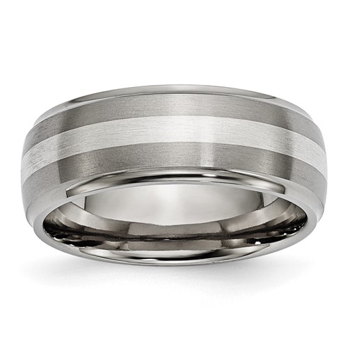 Chisel Titanium Brushed and Polished Band with Sterling Silver Inlay 8mm Ridged Edge