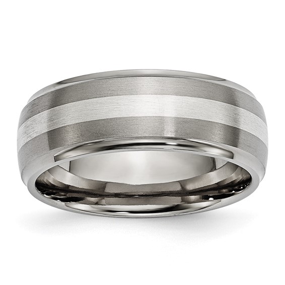 Chisel Titanium Brushed and Polished with Sterling Silver Inlay 8mm Ridged Edge Band