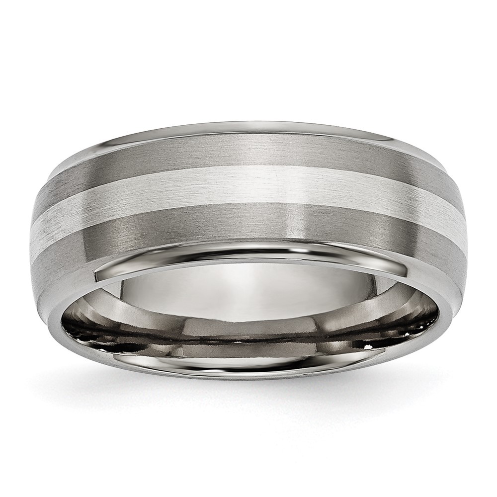 Titanium Brushed/Polished w/Sterling Silver Inlay 8mm Ridged Edge Band