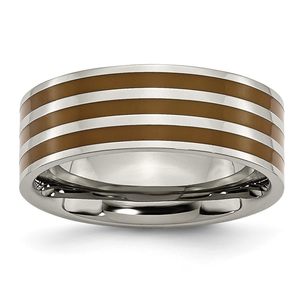 Titanium Polished Brown Enamel Striped 8mm Flat Band