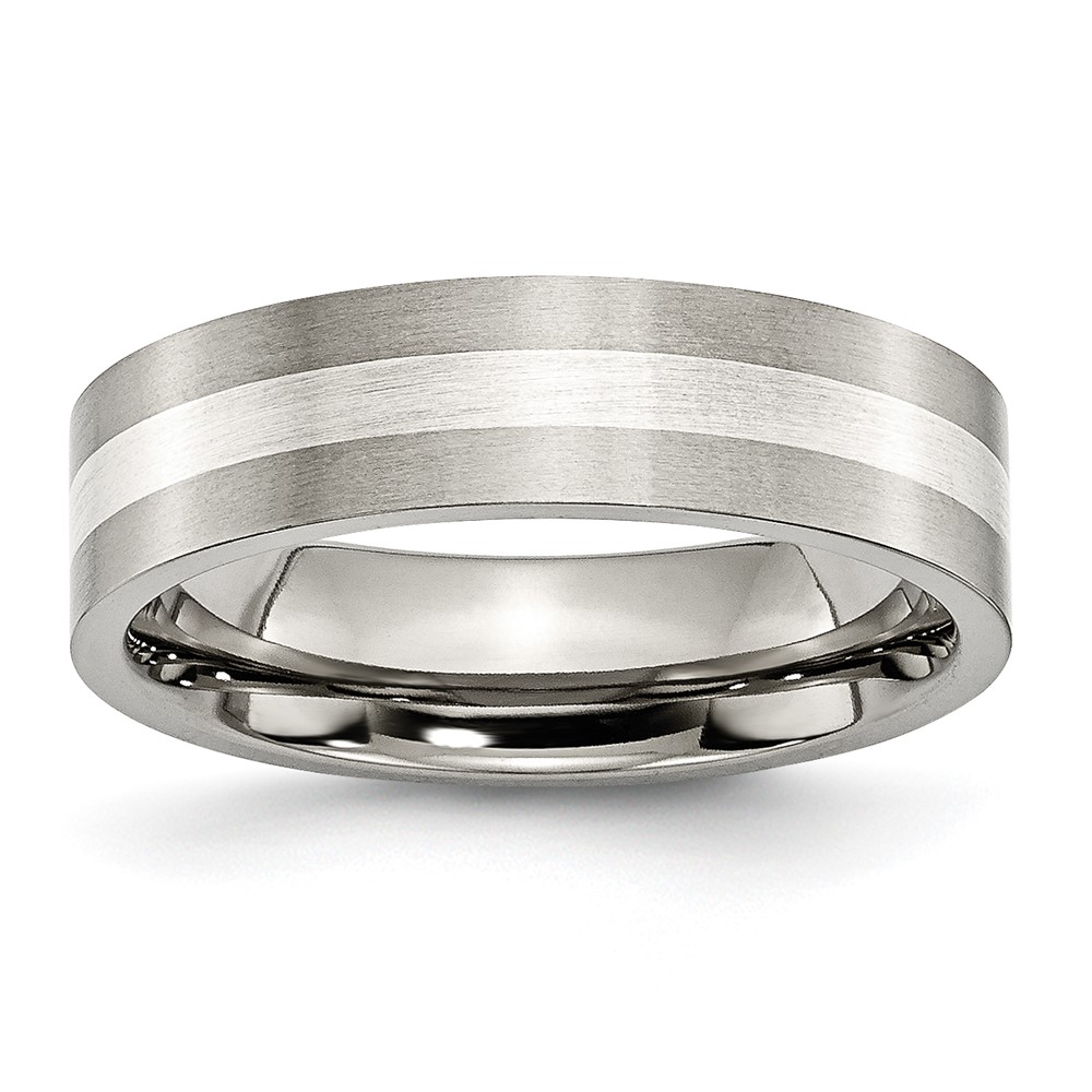 Chisel Titanium Brushed Band with Sterling Silver Inlay 6mm Flat