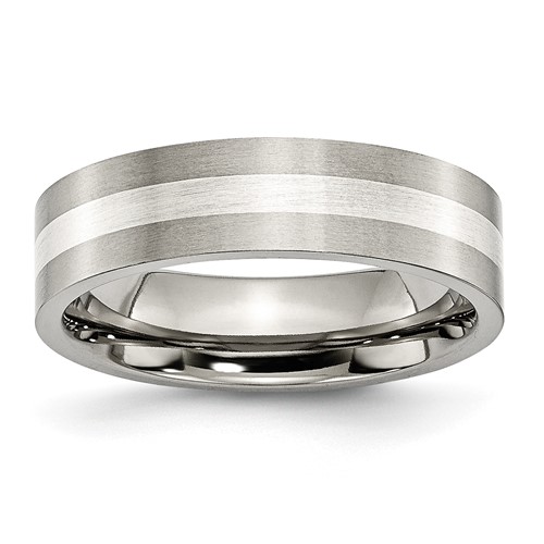 Chisel Titanium Brushed Band with Sterling Silver Inlay 6mm Flat