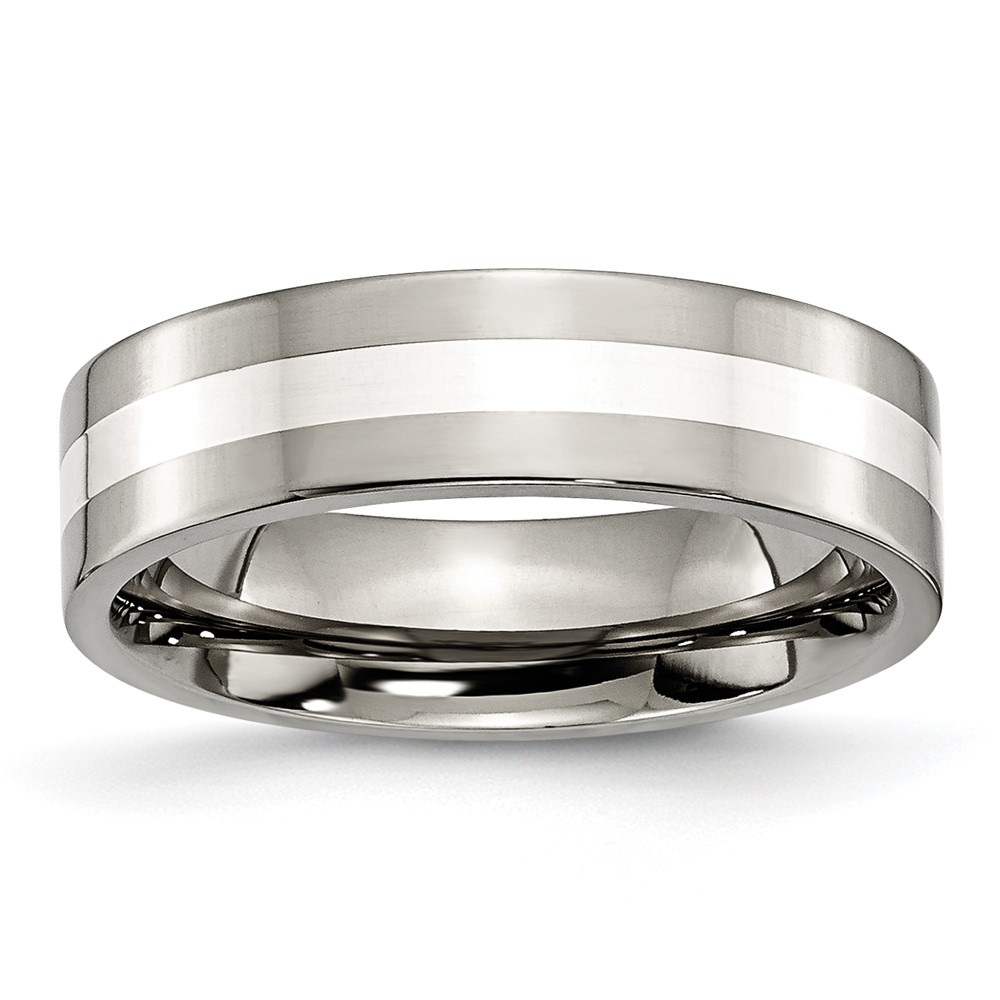 Chisel Titanium Polished Band with Sterling Silver Inlay 6mm Flat