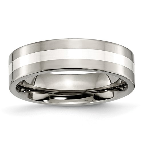 Chisel Titanium Polished Band with Sterling Silver Inlay 6mm Flat