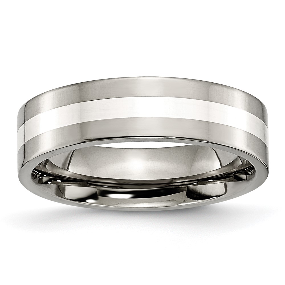 Titanium Polished w/Sterling Silver Inlay 6mm Flat Band