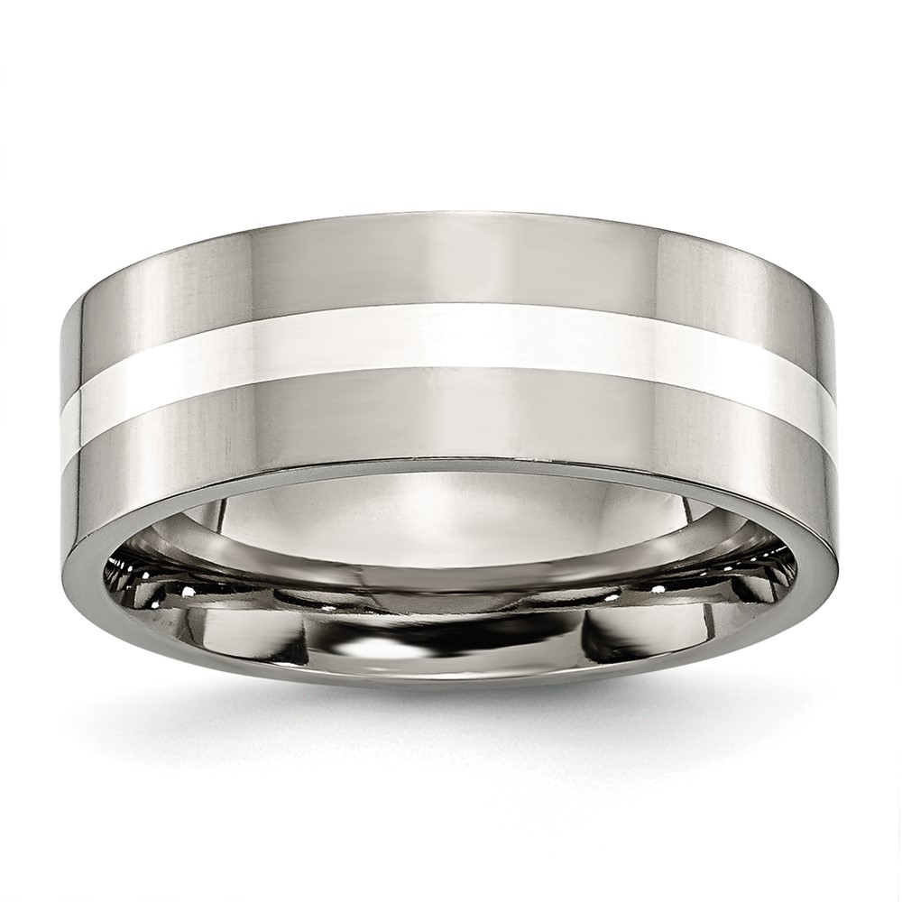 Titanium Polished Band with Sterling Silver Inlay 8mm Flat