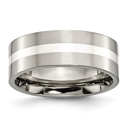 Titanium Polished Band with Sterling Silver Inlay 8mm Flat