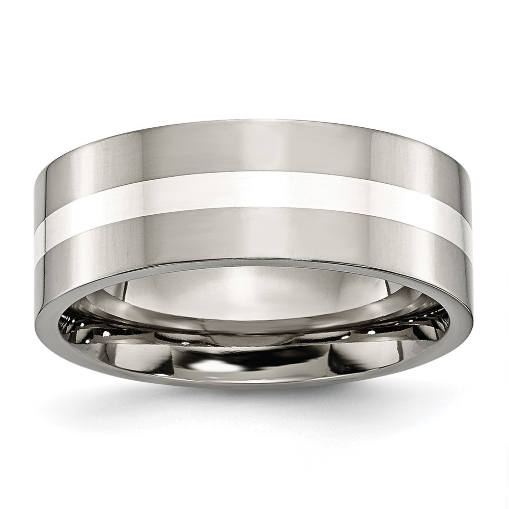 Titanium Polished w/Sterling Silver Inlay 8mm Flat Band