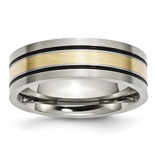Chisel Titanium Antiqued and Brushed with 14k Gold Inlay 7mm Flat Band