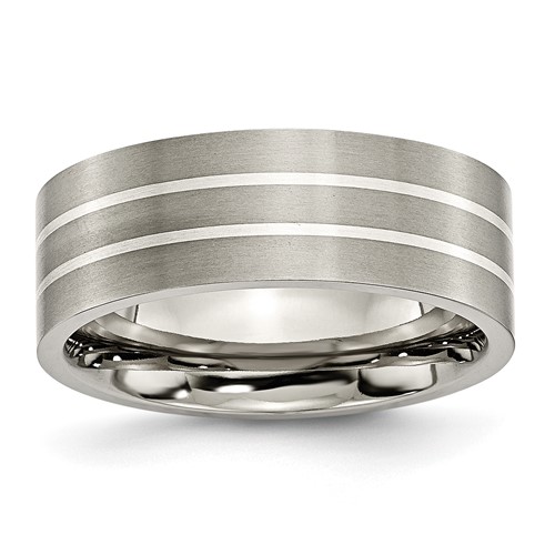 Titanium Brushed Band with Sterling Silver Inlay 8mm Flat