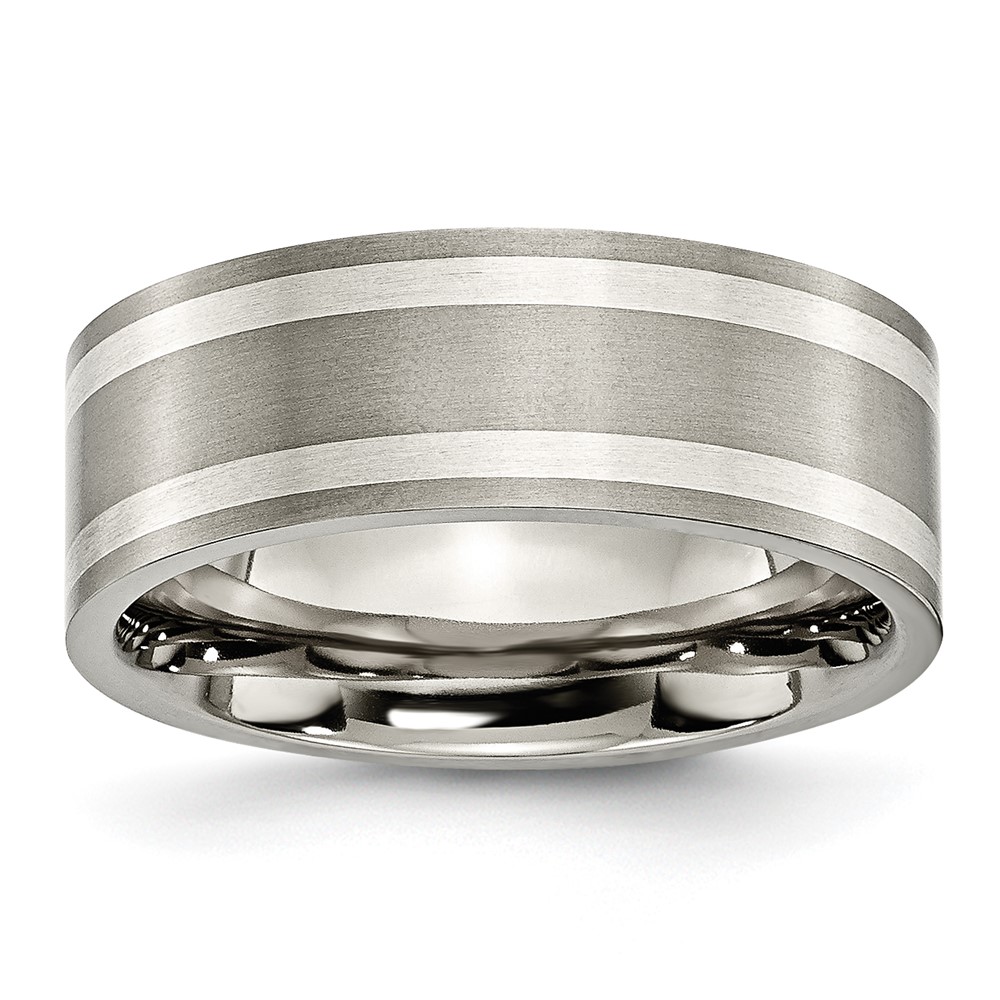 Chisel Titanium Brushed and Polished Band with Double Sterling Silver Inlay 8mm Flat