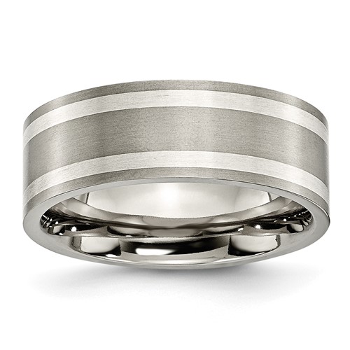 Chisel Titanium Brushed and Polished Band with Double Sterling Silver Inlay 8mm Flat