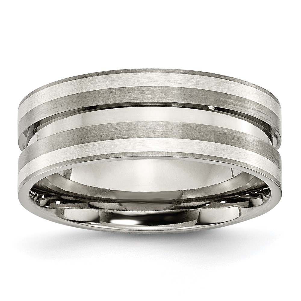 Titanium Brushed w/Sterling Silver Inlay 8mm Grooved Band