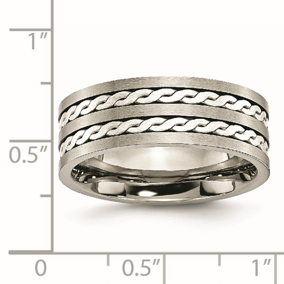 Chisel Titanium Antiqued and Brushed with Sterling Silver Braided Inlay 8mm Band