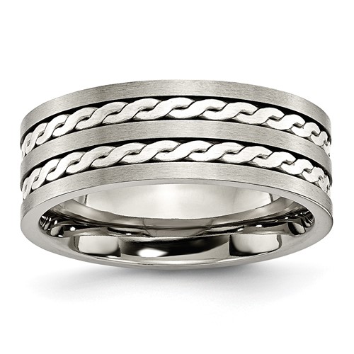 Chisel Titanium Antiqued and Brushed Band with Sterling Silver Braided Inlay 8mm