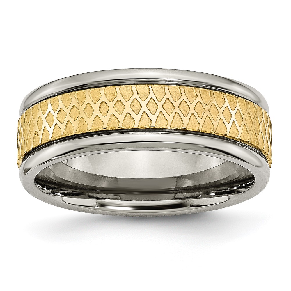 Titanium 8mm Yellow IP-plated Ridged Edge Fancy Brushed Band