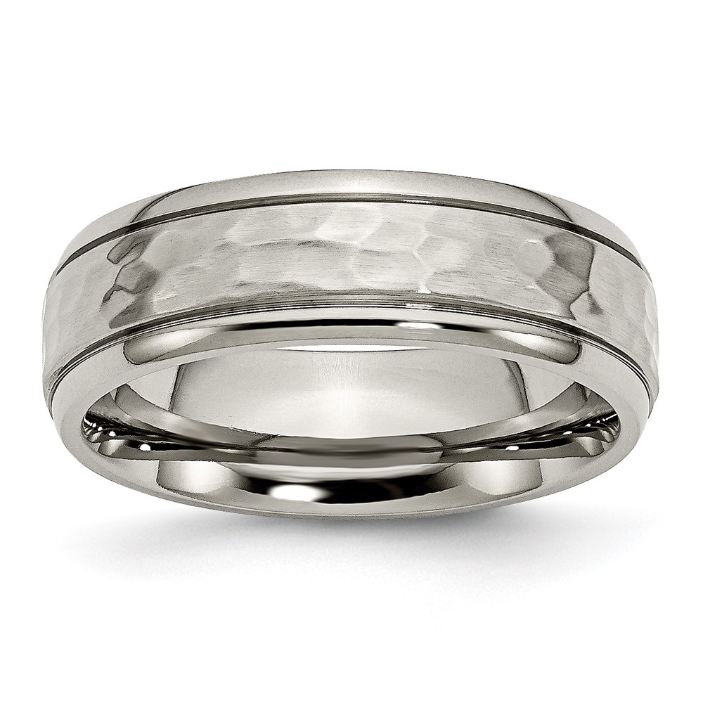 Titanium Polished and Hammered 7mm Grooved Edge Band