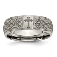Chisel Titanium Brushed Celtic Cross Laser Design 8mm Band view 1