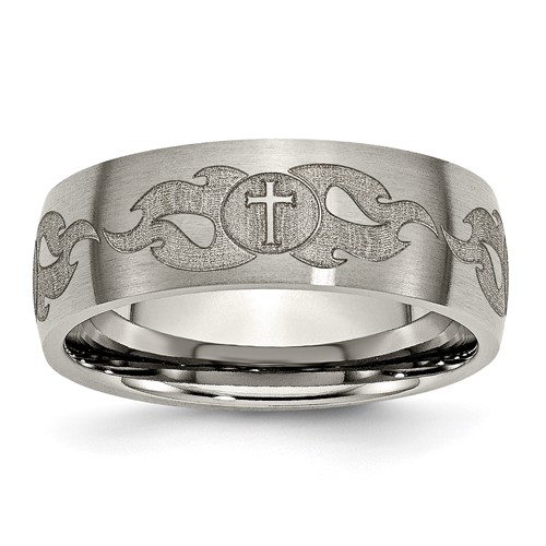 Chisel Titanium Brushed Cross Band with Flames Laser Design 8mm