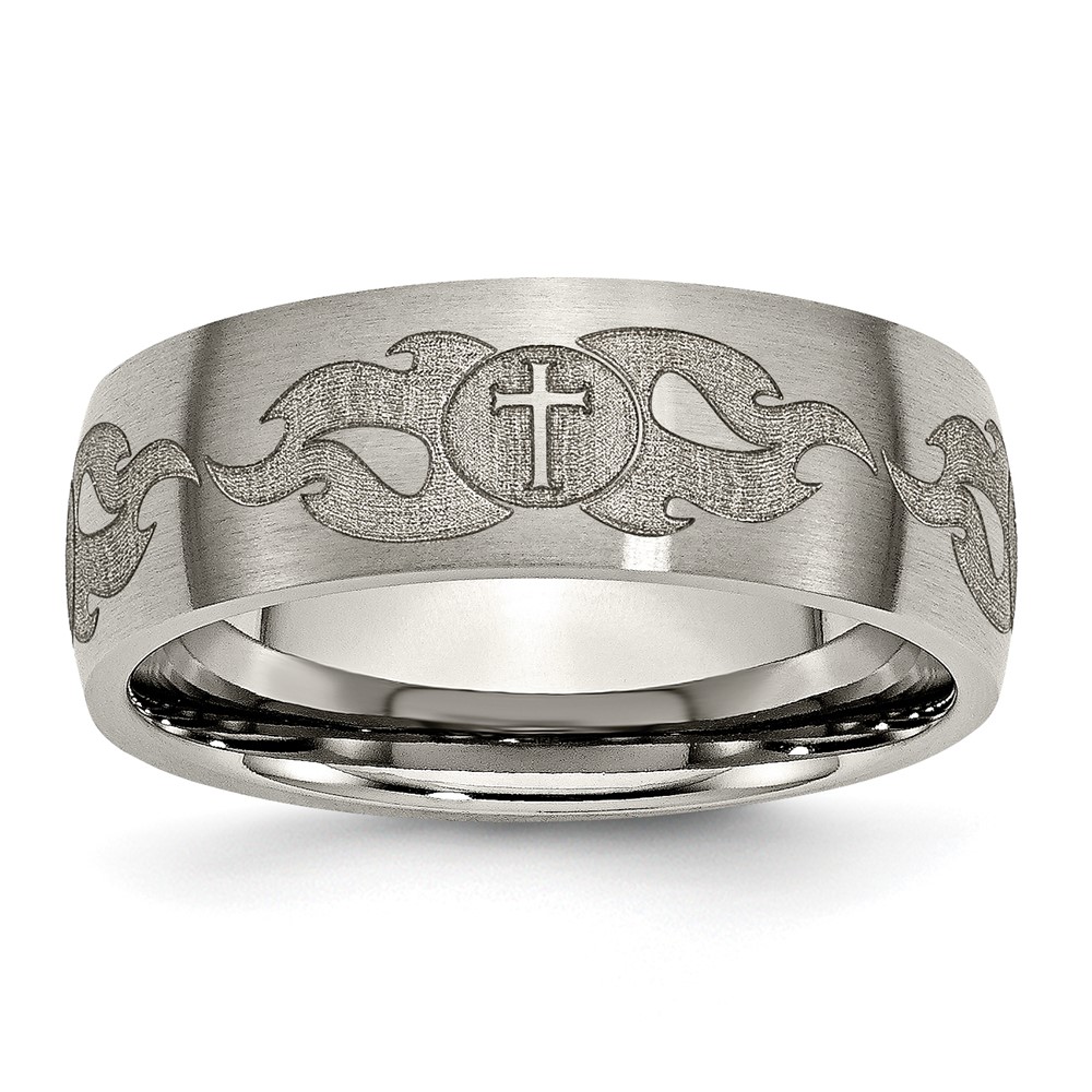 Titanium Brushed Cross w/Flames Laser Design 8mm Band