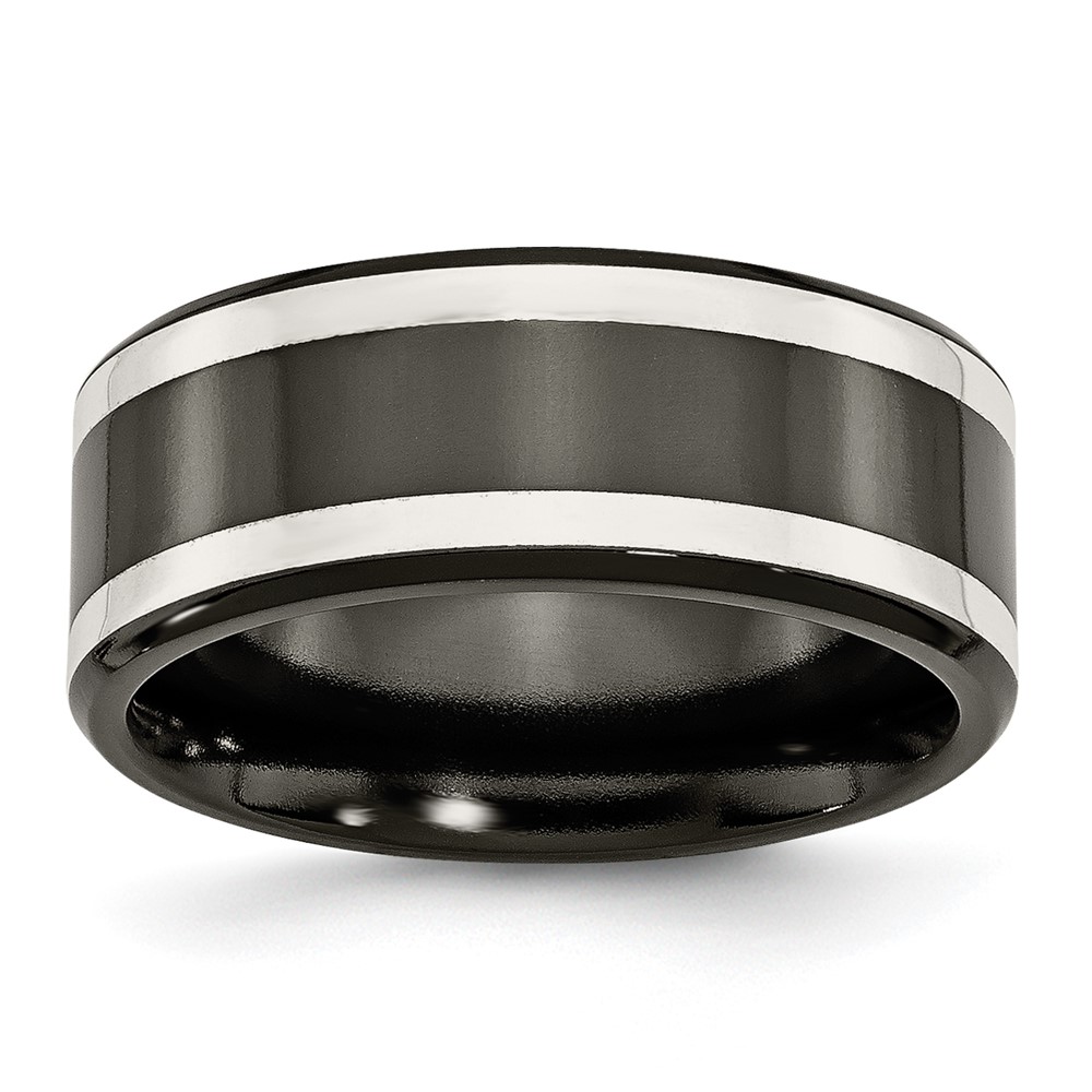 Titanium Black Ti with Sterling Silver Inlay Polished 9mm Flat Band