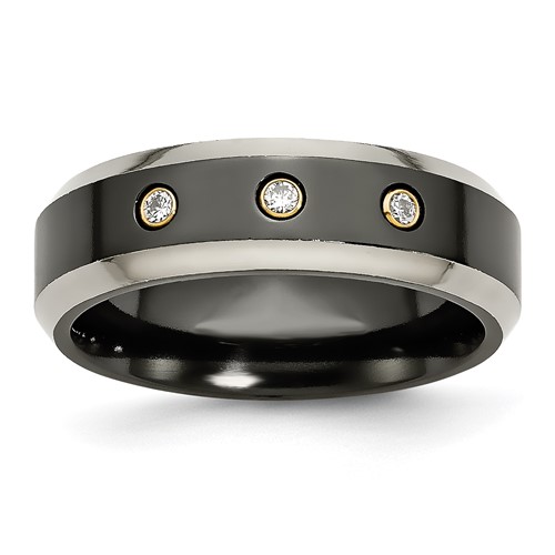 Titanium Black Ti Band with 14K Inlay 0.10ct Diamond Beveled Edge 7mm