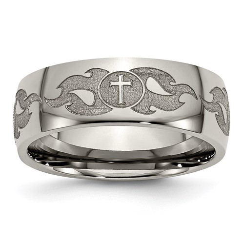 Chisel Titanium Polished Cross Band with Flames Laser Design 8mm