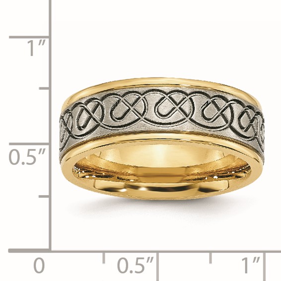 Chisel Titanium Brushed and Polished Yellow IP-plated Scroll Design 8mm Grooved Edge Band
