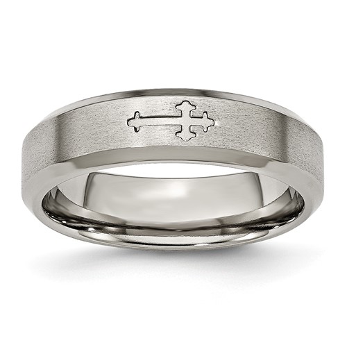 Chisel Titanium Brushed Center Cross Design 6mm Beveled Edge Band