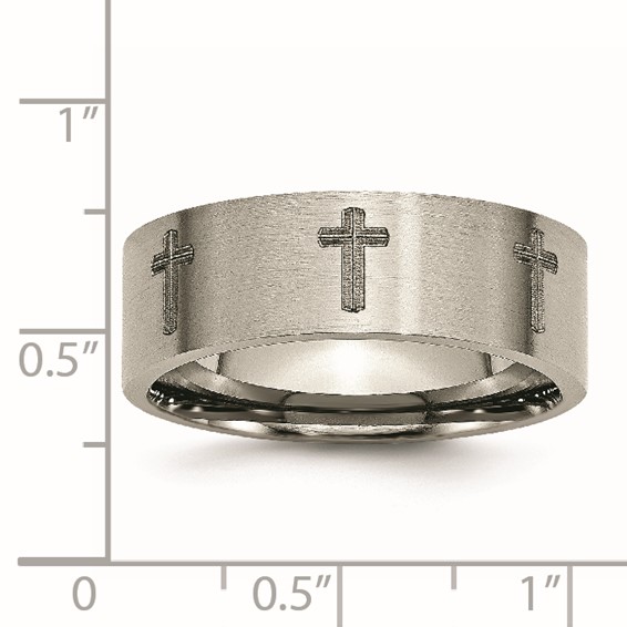 Chisel Titanium Brushed Cross Laser Design 8mm Flat Band