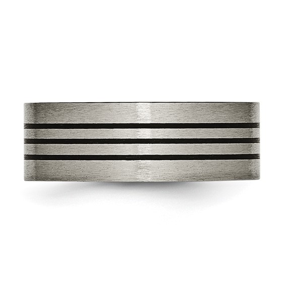 Chisel Titanium Satin and Polished Black Enamel Striped 8mm Flat Band
