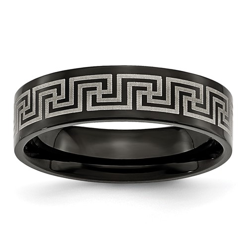 Titanium Brushed Polished Black IP Laser Etched Greek Key 6mm Band