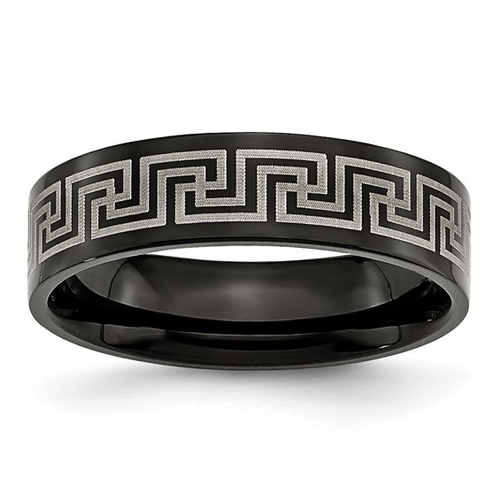 Titanium Brushed/Polished Black IP Laser Etched Greek Key 6mm Band