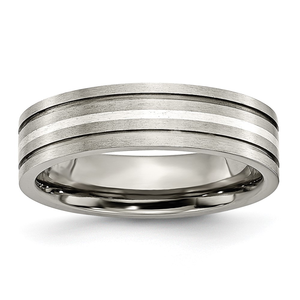 Titanium Brushed w/Sterling Silver Inlay 6mm Grooved Band