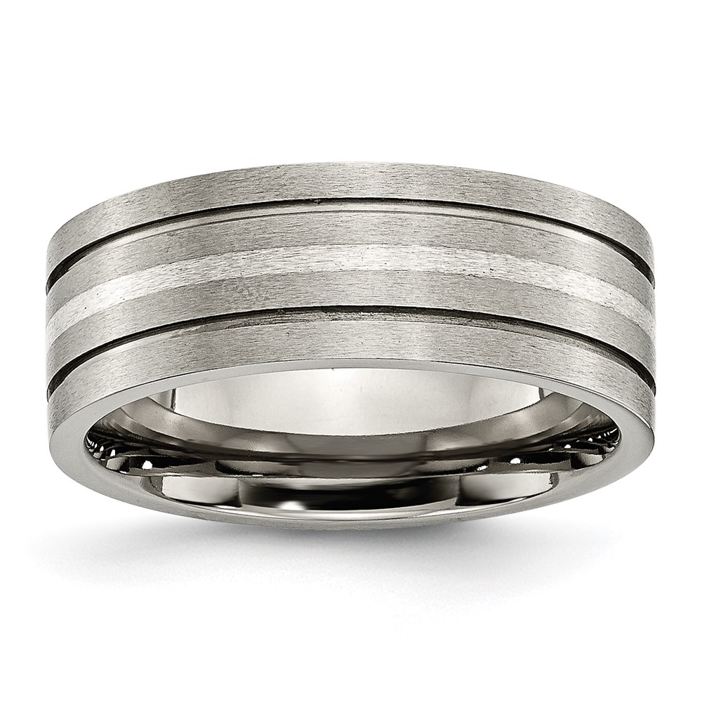 Titanium Brushed w/Sterling Silver Inlay 8mm Grooved Band