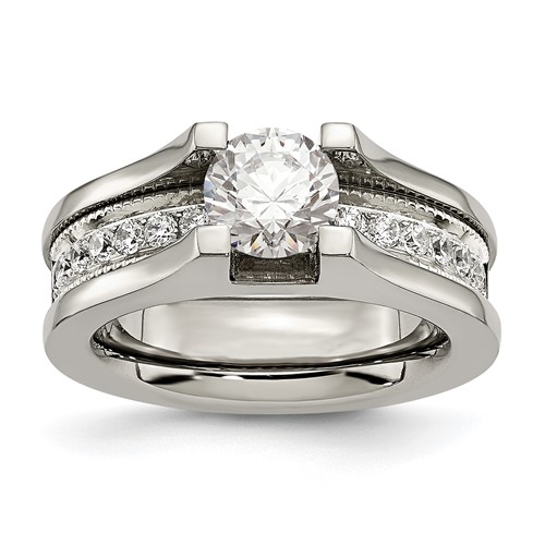 Chisel Titanium Ring with Sterling Silver Accent Polished with CZ
