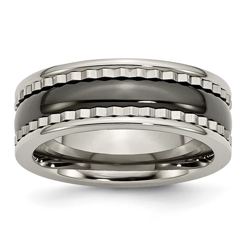Titanium Band with Sawtooth Accent Polished Black Ceramic Center 8mm
