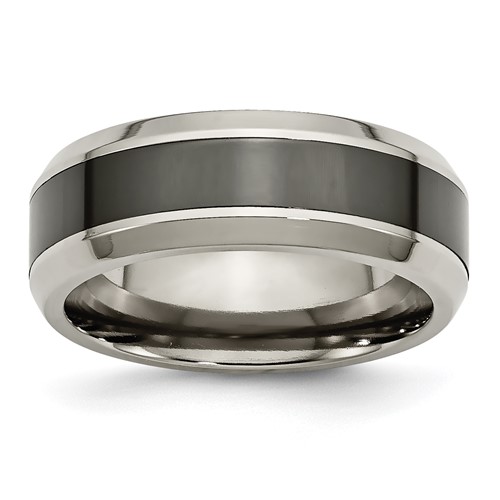 Chisel Titanium Polished Band with Black Ceramic Center 8mm Beveled