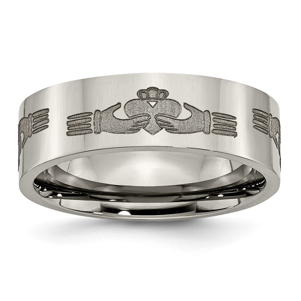 Titanium Polished Claddagh Laser Design 8mm Flat Band