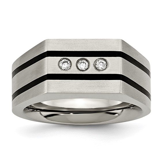Chisel Titanium Brushed and Polished Black IP-plated CZ Signet Ring