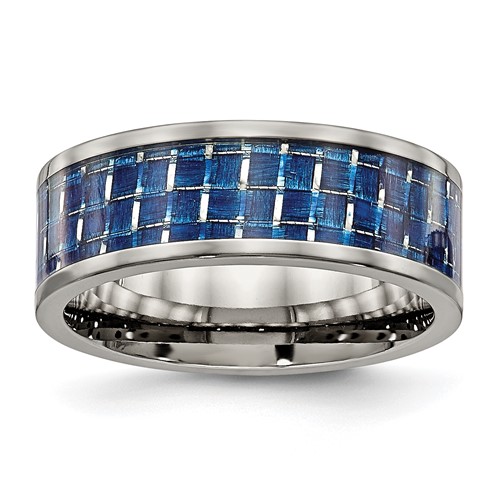 Chisel Titanium Polished with Blue Carbon Fiber Inlay 8mm Flat Band