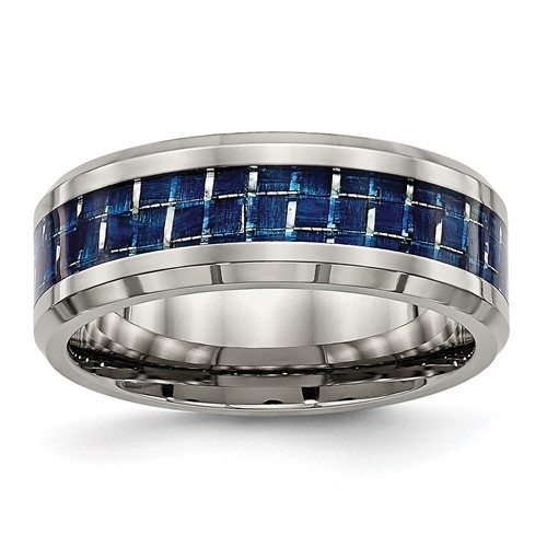Chisel Titanium Polished Band with Blue Carbon Fiber Inlay 8mm Beveled Edge